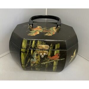 70s Signed Hand Painted Decoupage Box Purse Lacquer Bamboo‎ Bird Moonglow Handle